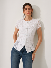 Dames Kanten Blouse Korte Mouwen Kikkerknoopjes - Gebroken Wit - Maelen