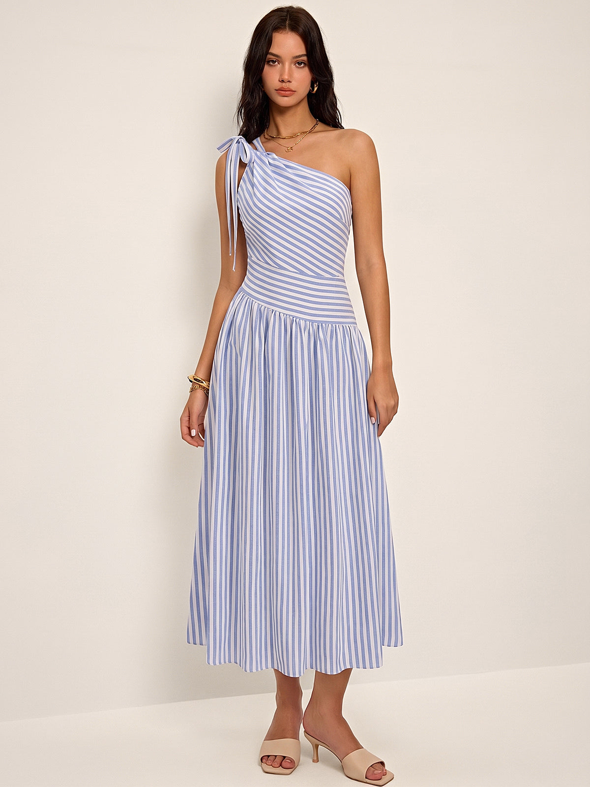 Dames Maxi Jurk One Shoulder Gestreept Katoen Blend - Lichtblauw - Maelen