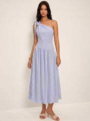 Dames Maxi Jurk One Shoulder Gestreept Katoen Blend - Lichtblauw - Maelen