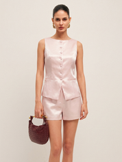 Dames Tweedelig Satijnen Setje Mouwloze Top en Shorts - Roze - Maelen