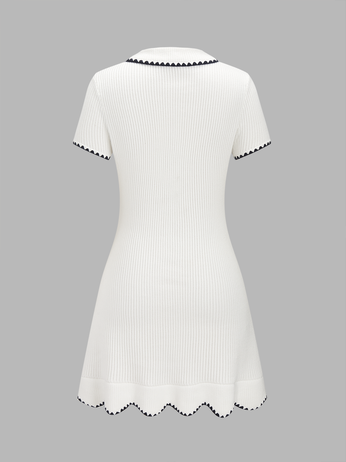 Dames Geribbelde Gebreide Mini Jurk Polokraag Contrastbies - Wit - Maelen