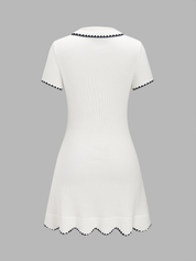 Dames Geribbelde Gebreide Mini Jurk Polokraag Contrastbies - Wit - Maelen