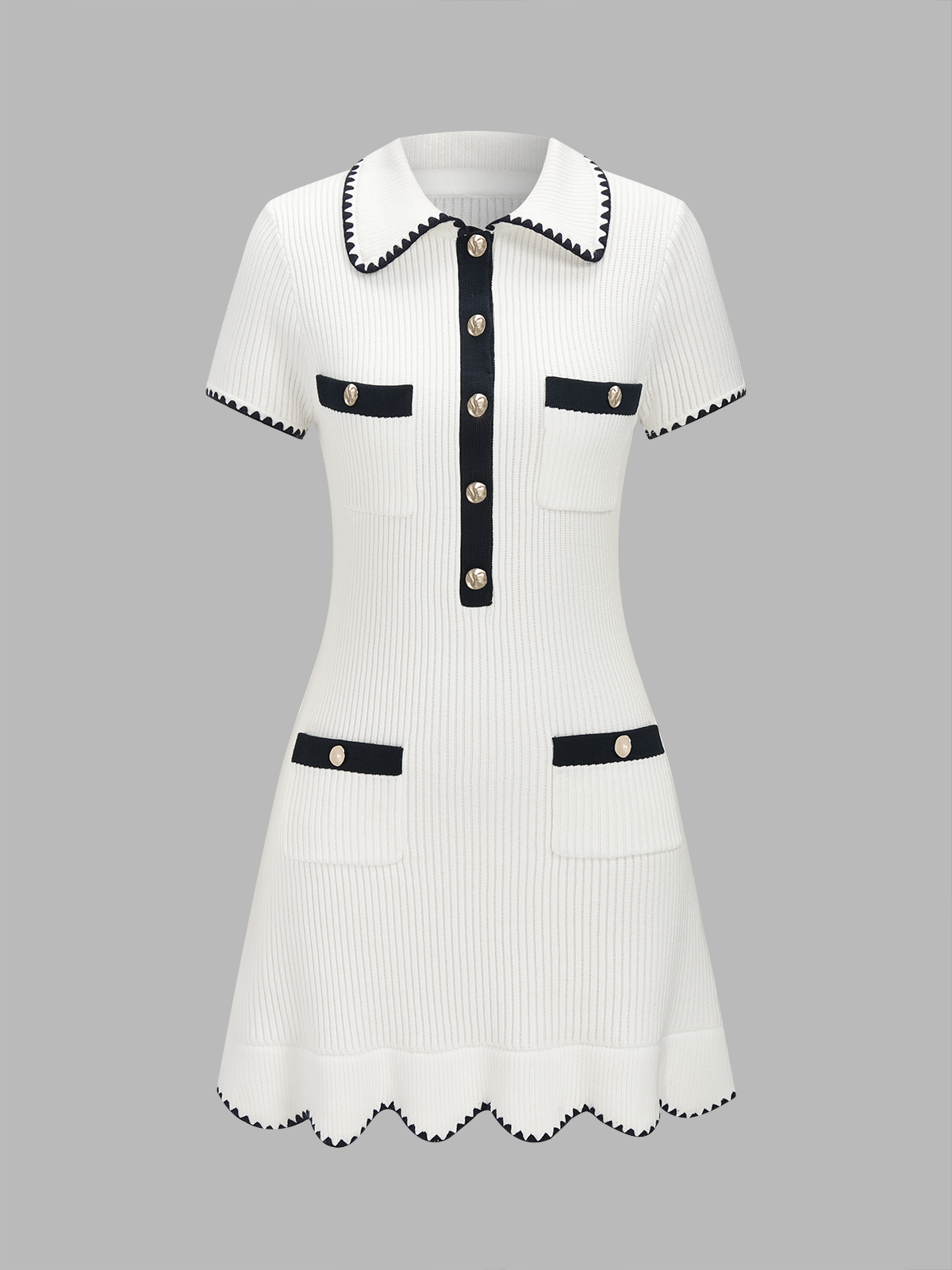 Dames Geribbelde Gebreide Mini Jurk Polokraag Contrastbies - Wit - Maelen