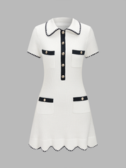 Dames Geribbelde Gebreide Mini Jurk Polokraag Contrastbies - Wit - Maelen
