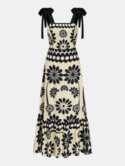 Dames Maxi Jurk Strikbandjes Bloemenprint Wijd Uitlopend - Zwart / Wit - Maelen
