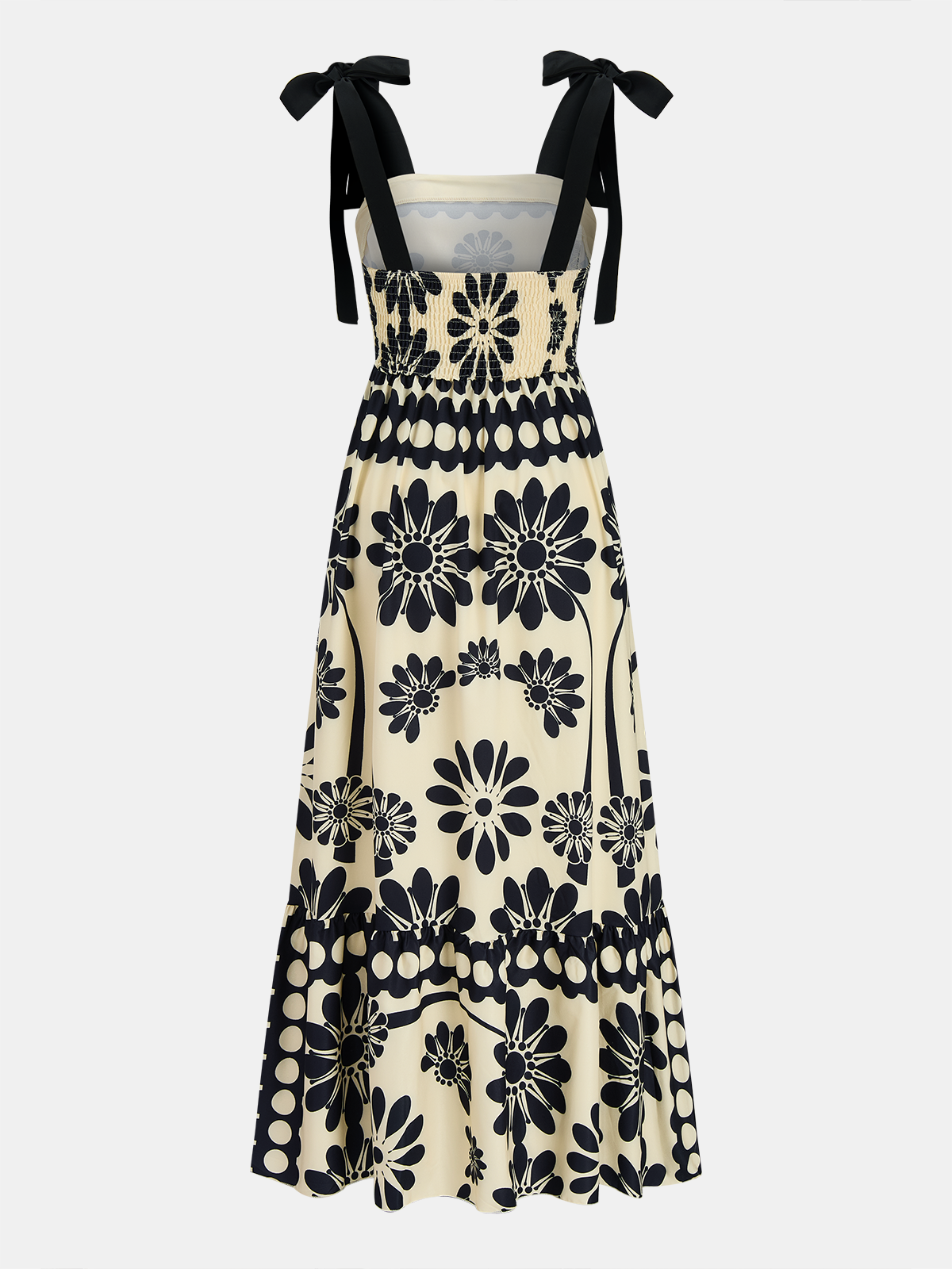 Dames Maxi Jurk Strikbandjes Bloemenprint Wijd Uitlopend - Zwart / Wit - Maelen