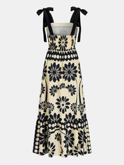 Dames Maxi Jurk Strikbandjes Bloemenprint Wijd Uitlopend - Zwart / Wit - Maelen