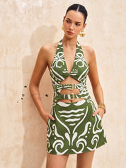 Dames Mini Jurk Halter Cutout Geborduurde Print - Groen - Maelen