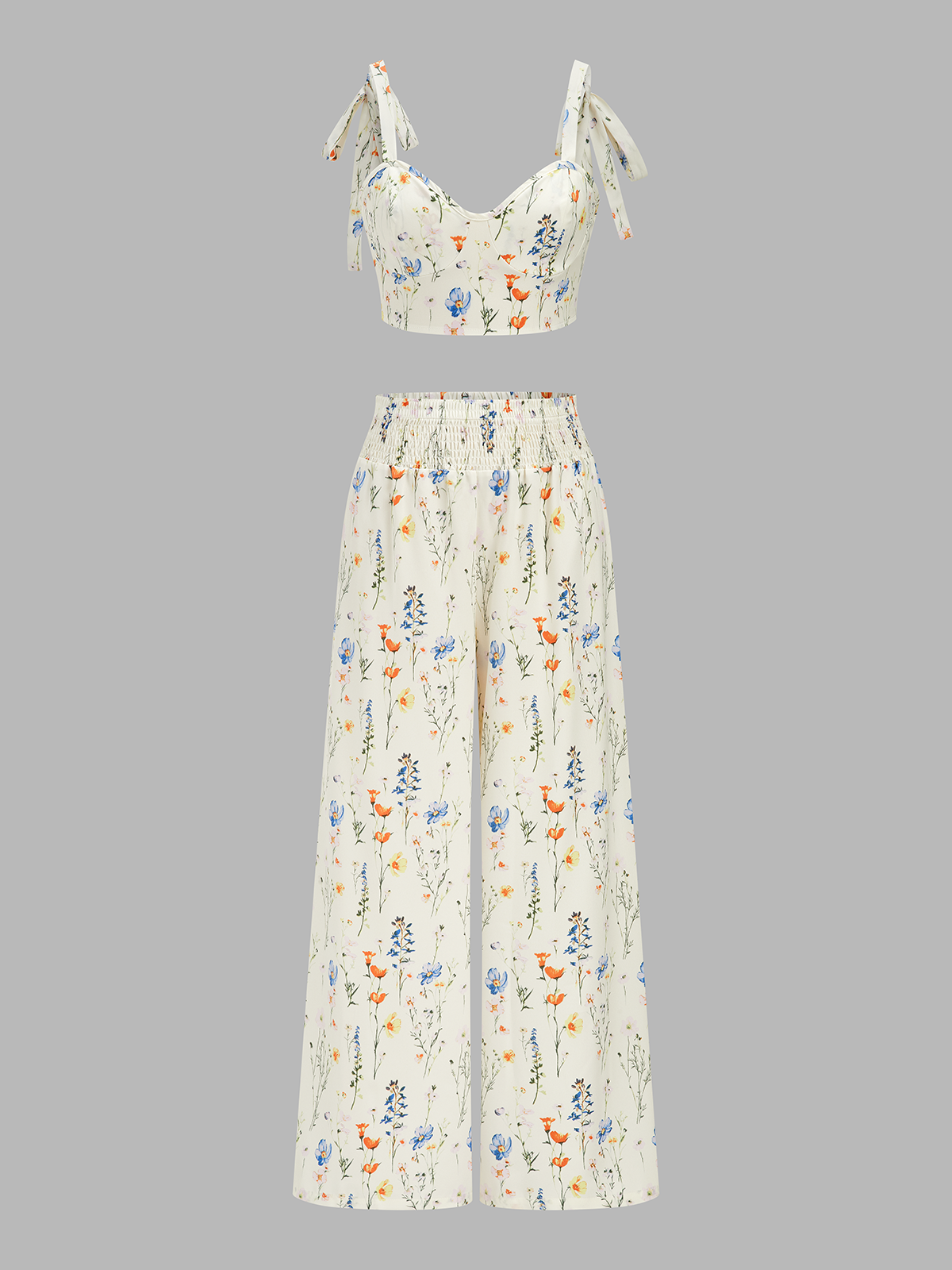 Dames Tweedelig Setje Schouderband Top en Gerimpelde Broek Bloemenprint - Wit - Maelen
