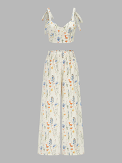 Dames Tweedelig Setje Schouderband Top en Gerimpelde Broek Bloemenprint - Wit - Maelen
