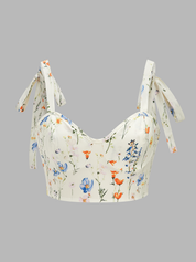 Dames Tweedelig Setje Schouderband Top en Gerimpelde Broek Bloemenprint - Wit - Maelen