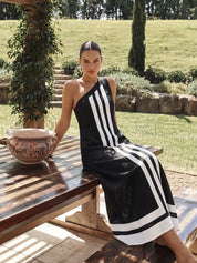 Dames Maxi Jurk One Shoulder Gestreept - Zwart / Wit - Maelen