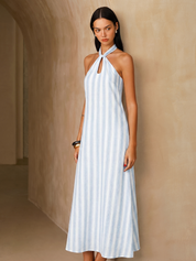 Dames Maxi Jurk Halter 100% Katoen Gestreept - Lichtblauw / Wit - Maelen
