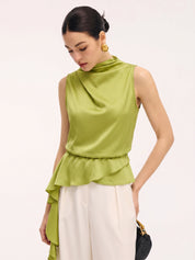 Dames Satijnen Blouse Mouwloos Cowl Neck Peplum - Groen - Maelen