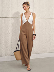 Dames Jumpsuit Wide Leg Colorblock Katoen Linnen Blend - Khaki / Beige / Wit - Maelen