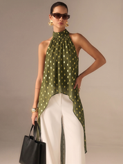 Dames Halter Blouse Polkadot Asymmetrische Zoom - Legergroen - Maelen