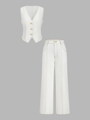 Dames Tweedelig Denim Setje Vest en Wide Leg Broek Contraststiksels - Wit - Maelen