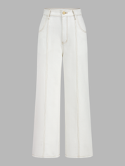 Dames Tweedelig Denim Setje Vest en Wide Leg Broek Contraststiksels - Wit - Maelen
