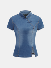 Dames Denim Blouse Korte Mouwen Kikkerknoopjes Polo Kraag - Blauw / Lichtblauw - Maelen