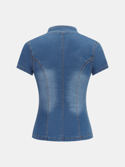 Dames Denim Blouse Korte Mouwen Kikkerknoopjes Polo Kraag - Blauw / Lichtblauw - Maelen