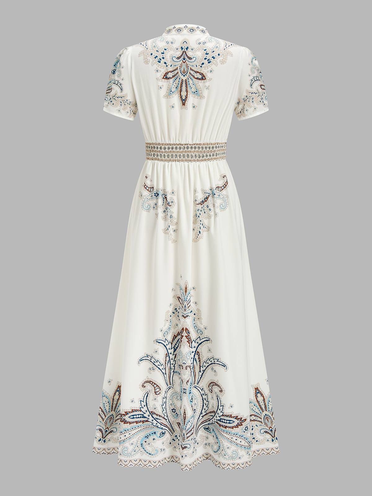 Dames Maxi Jurk Korte Mouwen Paisley Print Knoopsluiting - Gebroken Wit - Maelen