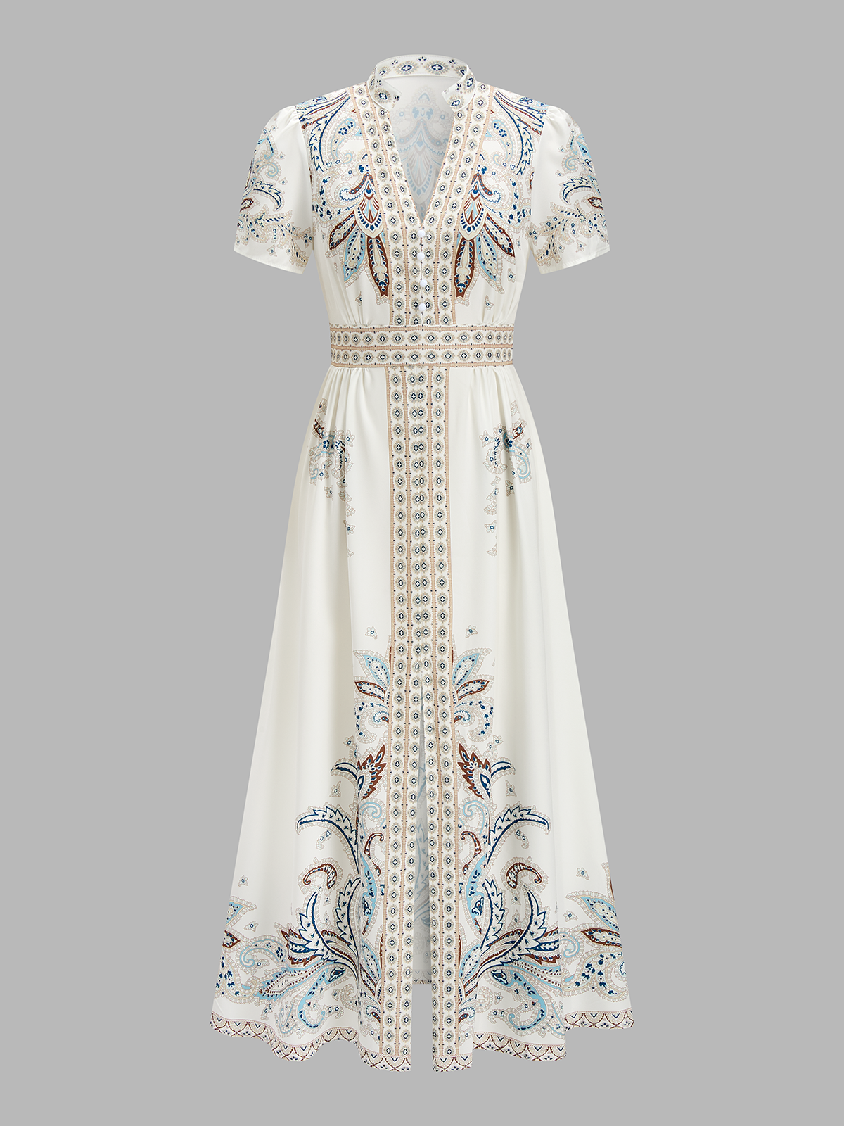 Dames Maxi Jurk Korte Mouwen Paisley Print Knoopsluiting - Gebroken Wit - Maelen