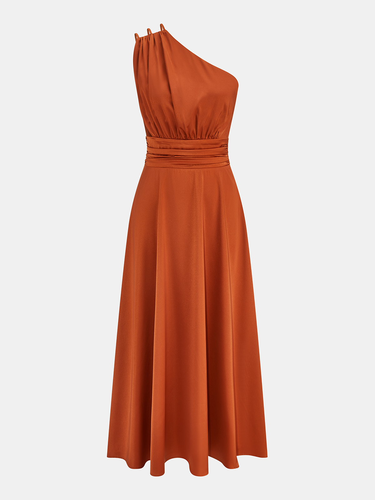 Dames Maxi Jurk One Shoulder Ruche Taille Aansluitend - Oranje / Rood - Maelen
