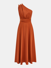 Dames Maxi Jurk One Shoulder Ruche Taille Aansluitend - Oranje / Rood - Maelen