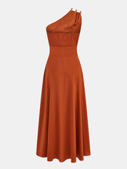 Dames Maxi Jurk One Shoulder Ruche Taille Aansluitend - Oranje / Rood - Maelen