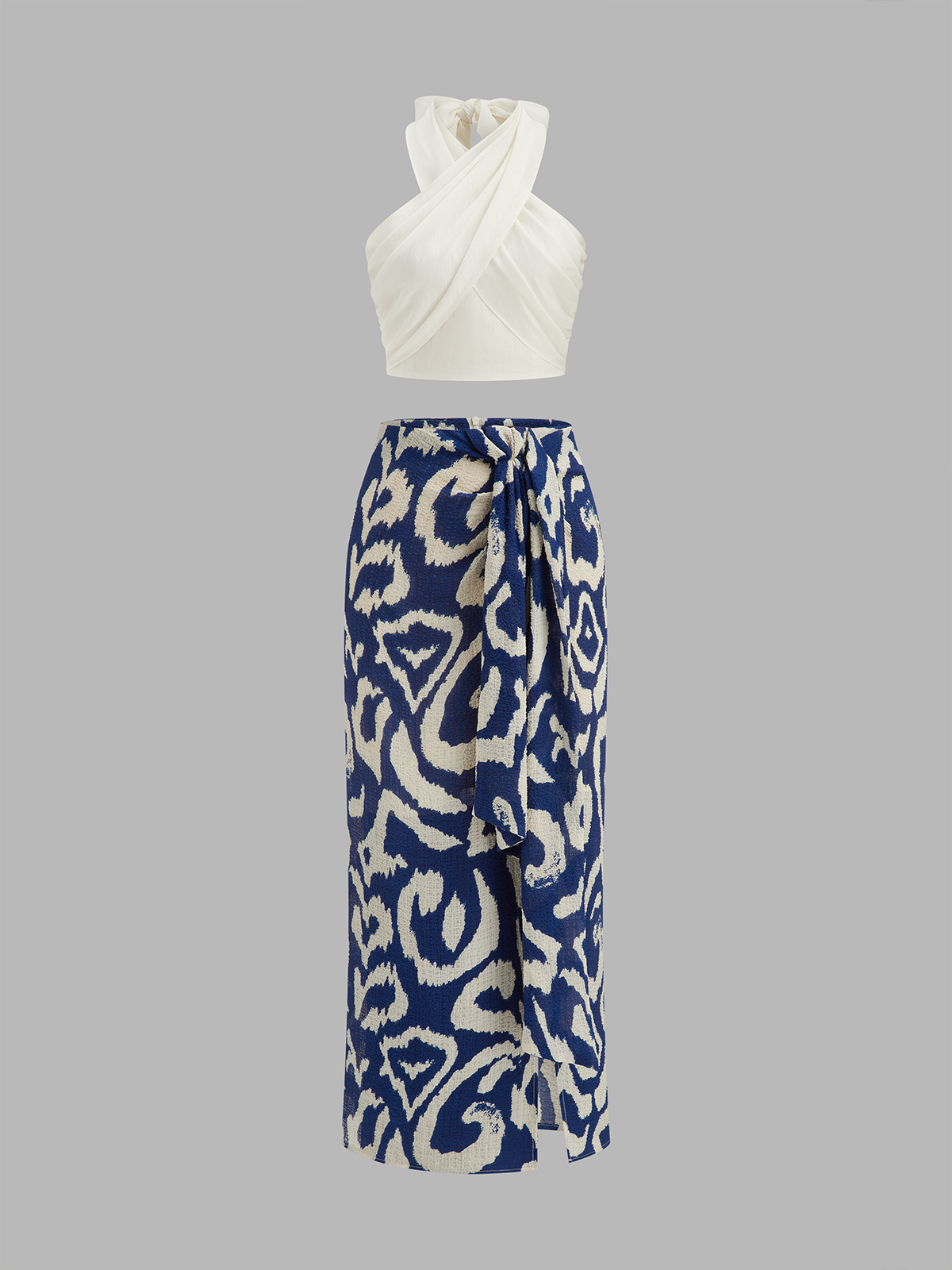 Dames Tweedelig Setje Halter Wikkelblouse en Abstracte Print Rok - Blauw / Wit - Maelen