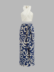 Dames Tweedelig Setje Halter Wikkelblouse en Abstracte Print Rok - Blauw / Wit - Maelen