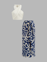Dames Tweedelig Setje Halter Wikkelblouse en Abstracte Print Rok - Blauw / Wit - Maelen