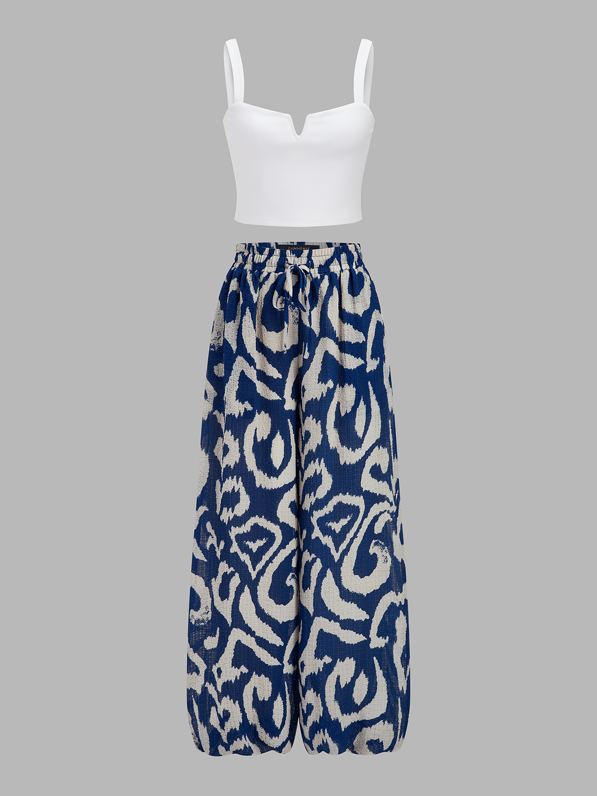Dames Tweedelig Setje Cami Crop Top en Printed Wide Leg Broek - Blauw / Wit - Maelen