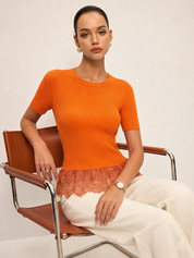 Dames Geribbeld Gebreid Top Kant Peplum Zoom - Oranje Rood - Maelen