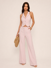Dames Tweedelig Setje Halter Vest en Wide Leg Broek - Roze - Maelen