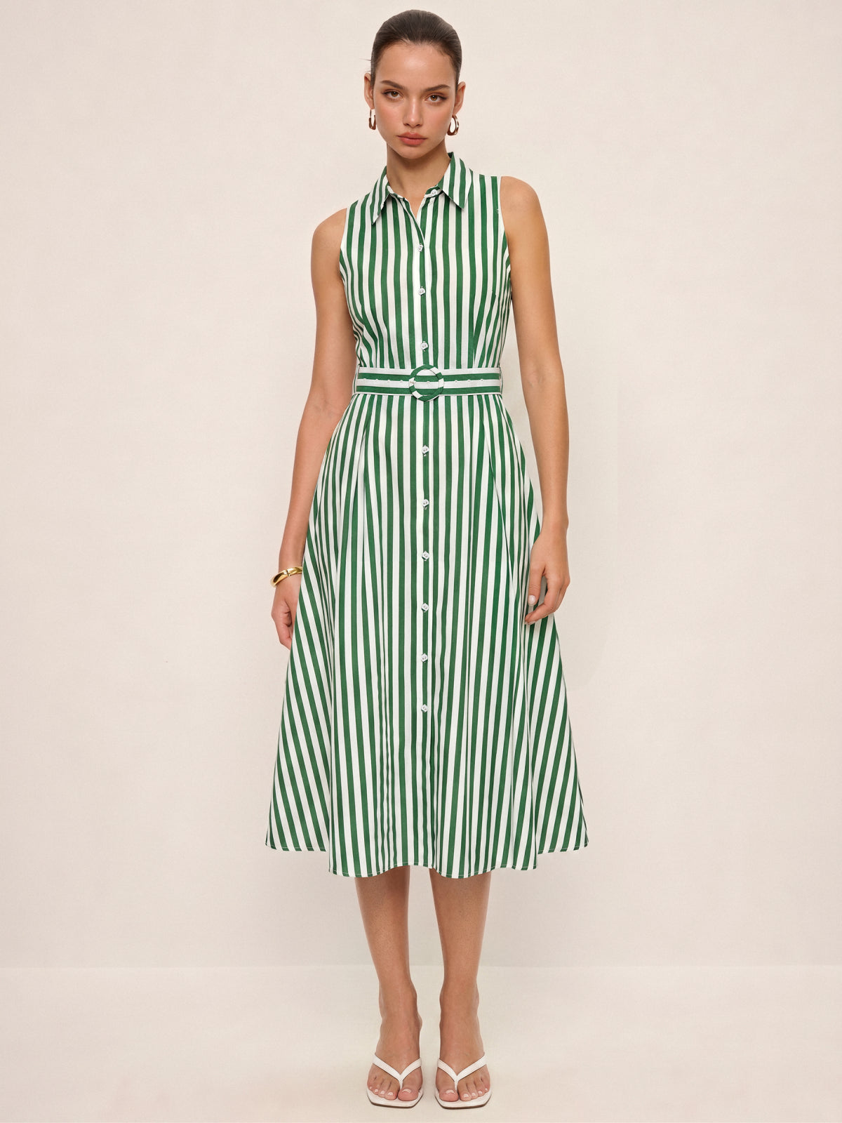 Dames Midi Jurk Mouwloos 100% Katoen Gestreept Ceintuur - Groen / Wit - Maelen
