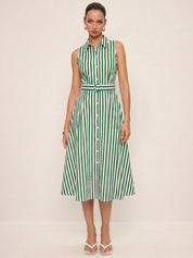 Dames Midi Jurk Mouwloos 100% Katoen Gestreept Ceintuur - Groen / Wit - Maelen