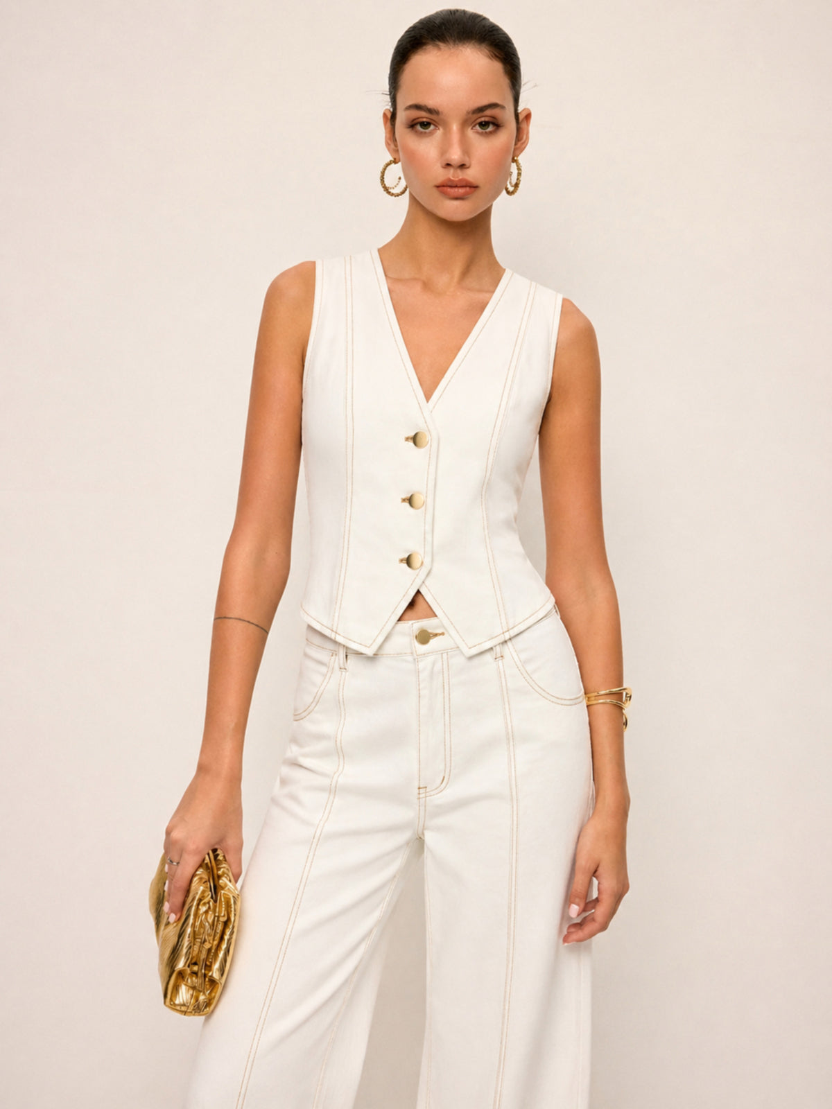 Dames Tweedelig Denim Setje Vest en Wide Leg Broek Contraststiksels - Wit - Maelen