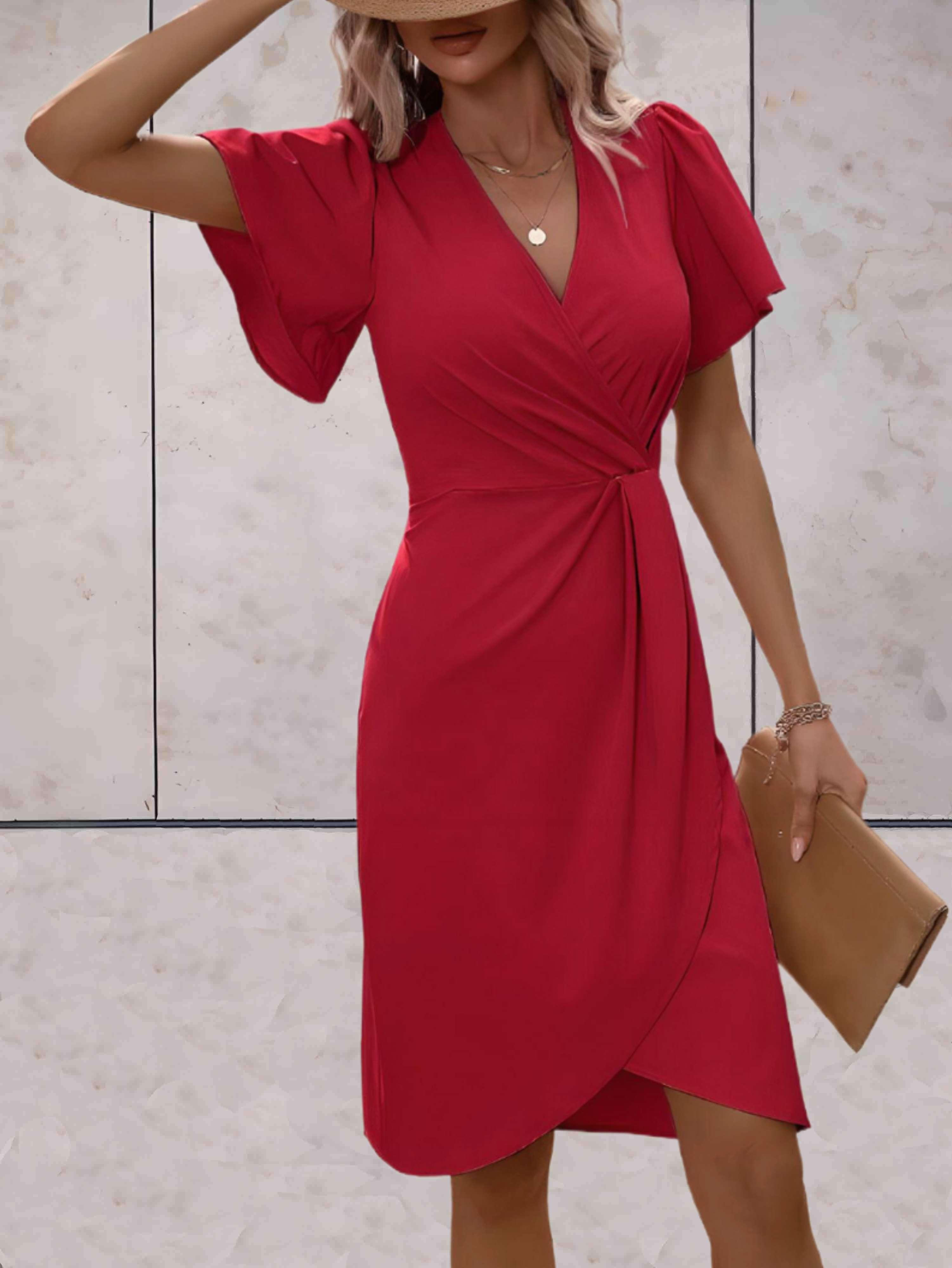 Dames Wikkeljurk Midi V-hals Korte Mouwen Split Elegant Casual - Rood / Zwart / Groen - Maelen
