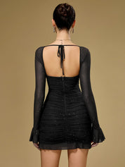 Aria Glitter mesh mini jurk dames – ruched party dress met lange mouwen