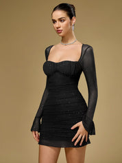 Aria Glitter mesh mini jurk dames – ruched party dress met lange mouwen