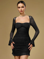 Aria Glitter mesh mini jurk dames – ruched party dress met lange mouwen