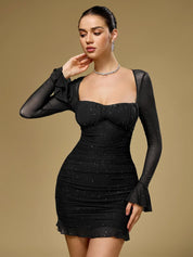 Aria Glitter mesh mini jurk dames – ruched party dress met lange mouwen