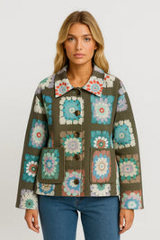 Dames Korte Jas Bohemien Print Knoopsluiting Omgeslagen Kraag - Groen - Maelen