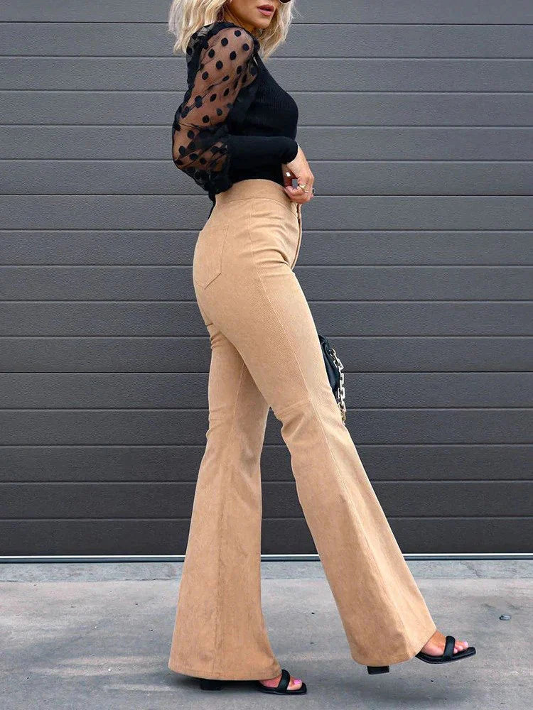 Briana Flared Corduroy Broek | Zachte Corduroy Flared Broek met Hoge Taille en Uitlopende Pijpen