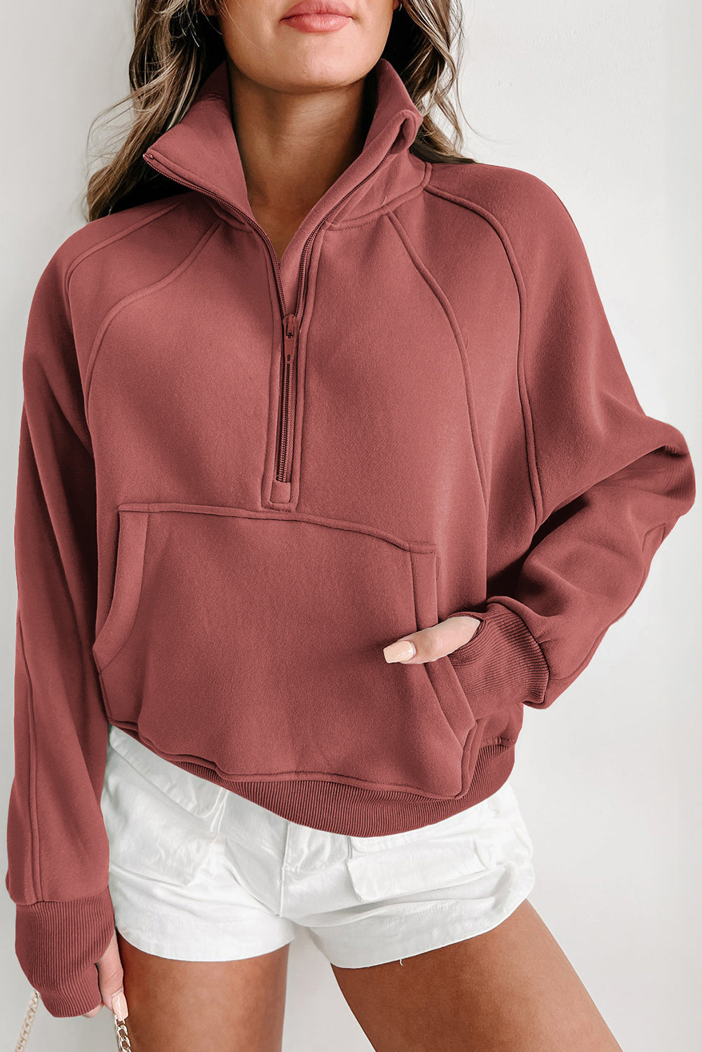 Bruin dames sweatshirt met rits – Elara zip-up trui met hoge kraag en duimgaten