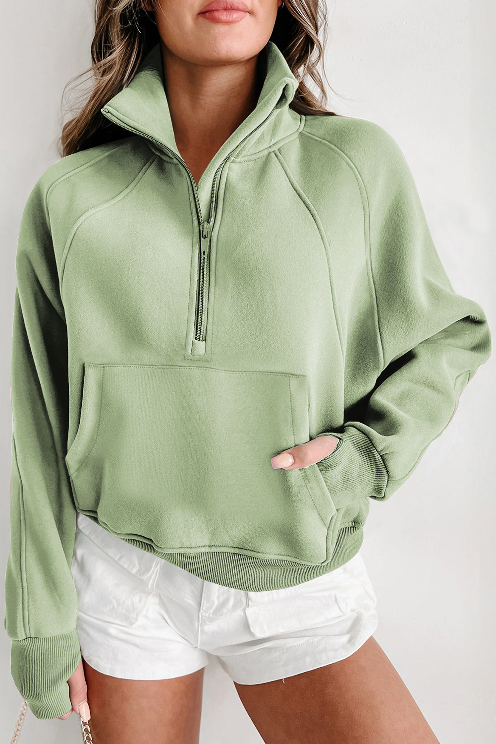 Bruin dames sweatshirt met rits – Elara zip-up trui met hoge kraag en duimgaten
