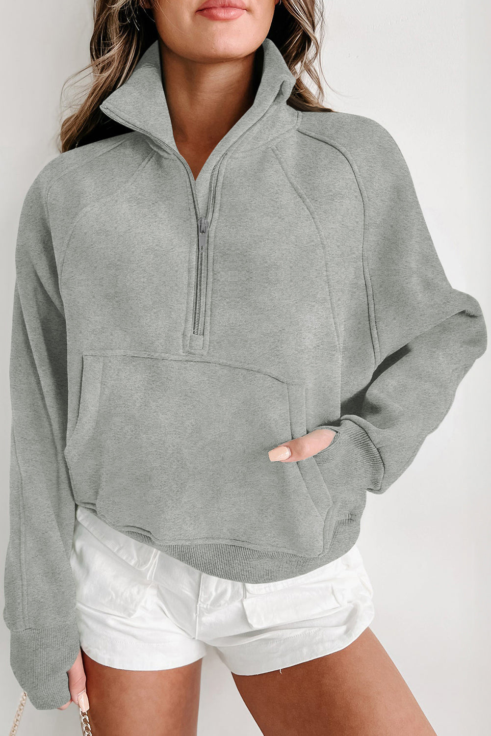 Bruin dames sweatshirt met rits – Elara zip-up trui met hoge kraag en duimgaten