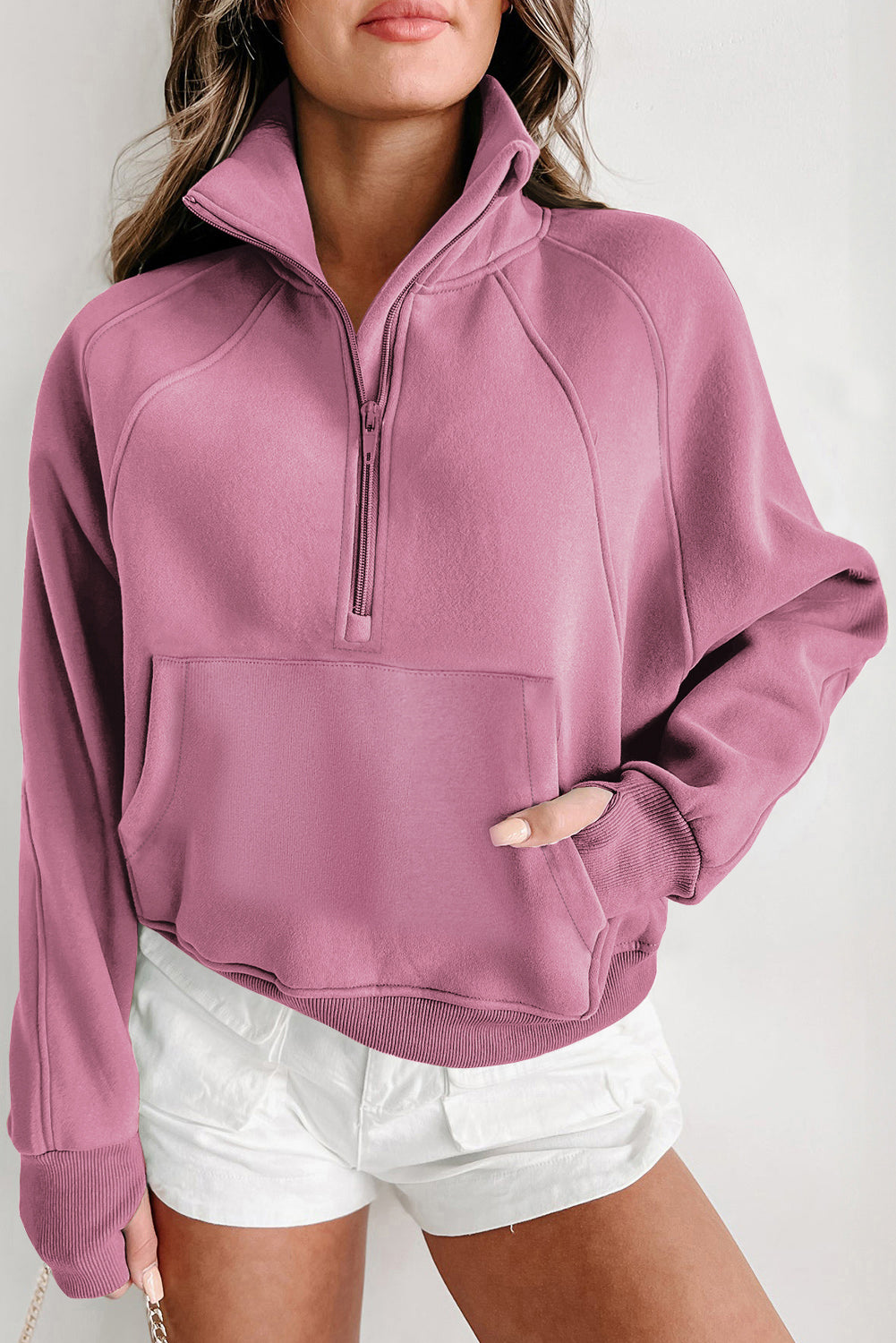 Bruin dames sweatshirt met rits – Elara zip-up trui met hoge kraag en duimgaten