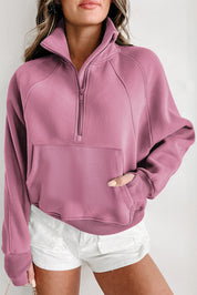 Bruin dames sweatshirt met rits – Elara zip-up trui met hoge kraag en duimgaten